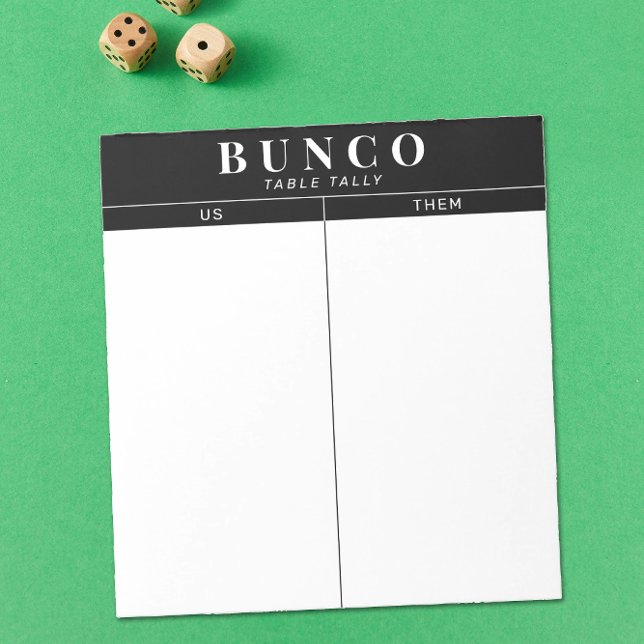 Bloco De Notas Tally de Mesa Simples de Bunco Preto e Branco (simple white with black accents Bunco dice game table tally tear off sheet notepad)