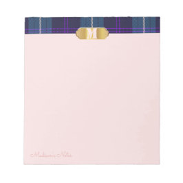 Bloco De Notas Tartan Azul Dourado Monograma Personalizado Script