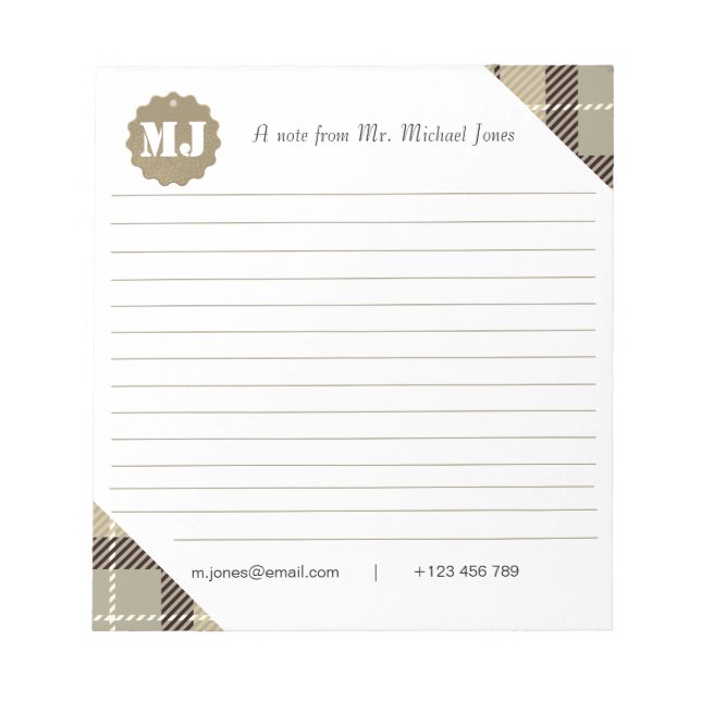 Bloco De Notas Tartan de Script de Monograma Profissional Vincula (Frente)