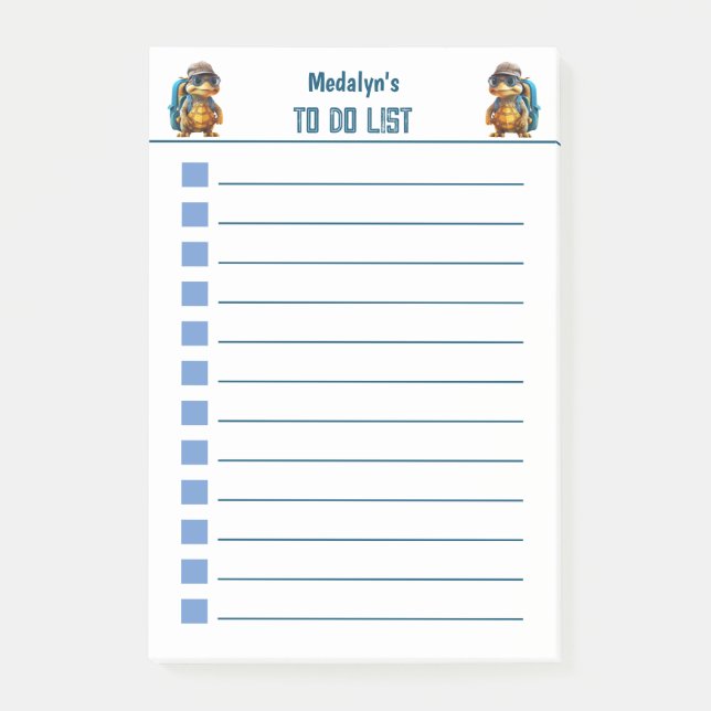 Bloco De Notas Tartaruga Bonita Aventurada com Mochila, (Frente)