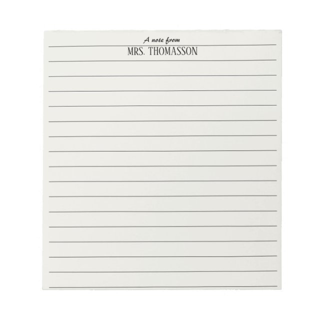 Bloco De Notas Teacher Notepad lined paper with "a note from"  (Frente)