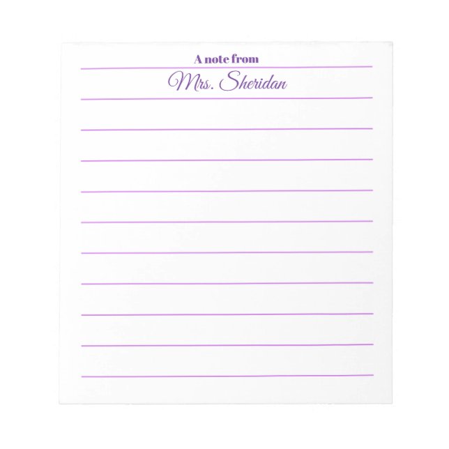 Bloco De Notas Teacher Notepads Purple Lined Paper A note from (Frente)