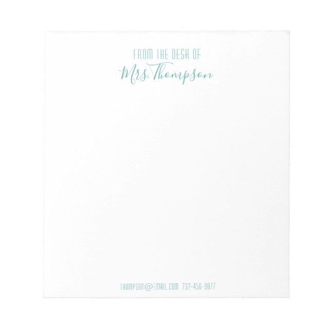 Bloco De Notas Teal Moderno Do Script Desk Of Name (Frente)