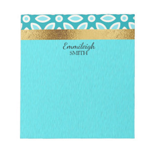 Bloco De Notas Teal Personalizado e Azul Ártico Floral e Dourado