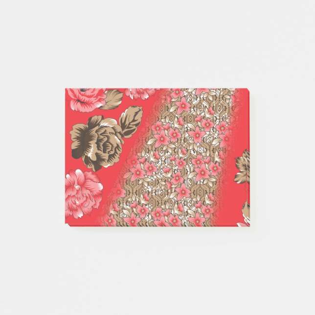 Bloco De Notas Tecido vermelho vibrante com intrincado floral e (Frente)