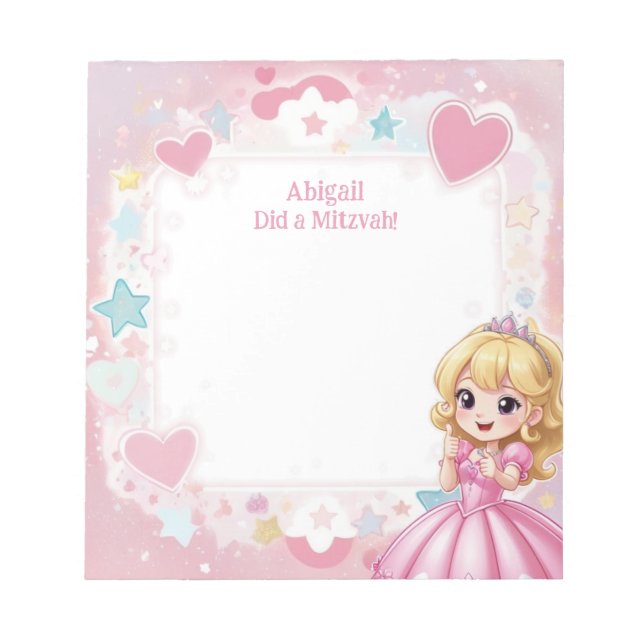 Bloco De Notas Tema princesa rosa loira personalizada Mitzvah (Frente)