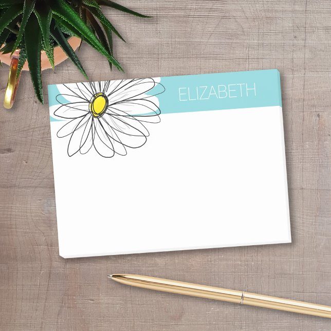 Bloco De Notas Texto lunático do costume do Aqua e da margarida (Personalized post-it notes with a monogram and whimsical daisy drawing - low quantity available)