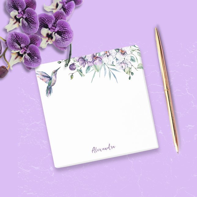 Bloco De Notas Texto Personalizado do Hummingbird Floral (Treat yourself or someone special to these pretty hummingbird and floral sticky notes.)