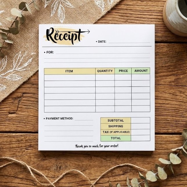 Bloco De Notas Thanks Order Receipt Form | Small Business Invoice (Thank you message to customer for receipt purchase)