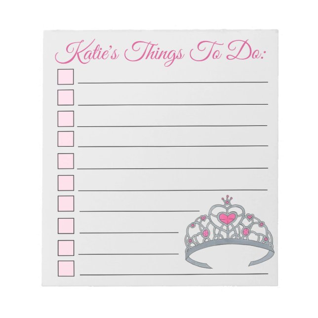 Bloco De Notas Tiara, Princesa Rosa Personalizada, Coisas A Fazer (Frente)