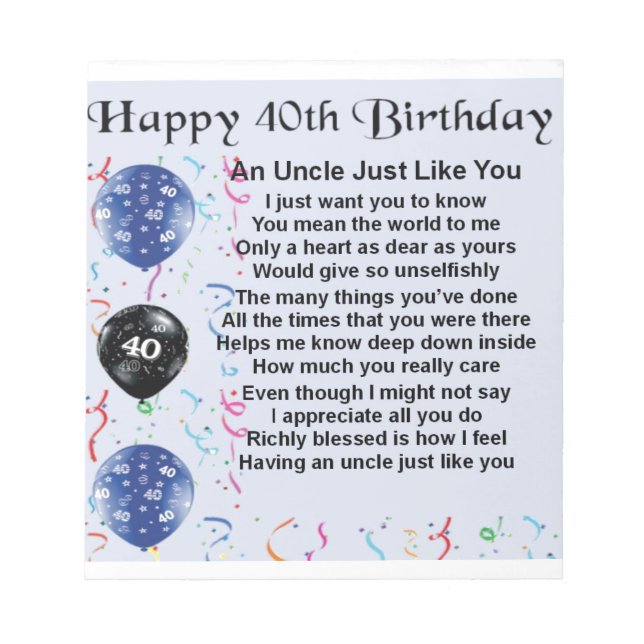 Bloco De Notas Tio Poem - aniversário de 40 anos (Frente)