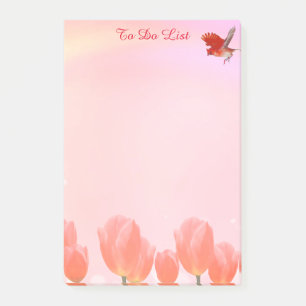 Bloco De Notas Tulipas cor-de-rosa coral & pássaro cardeal em ros