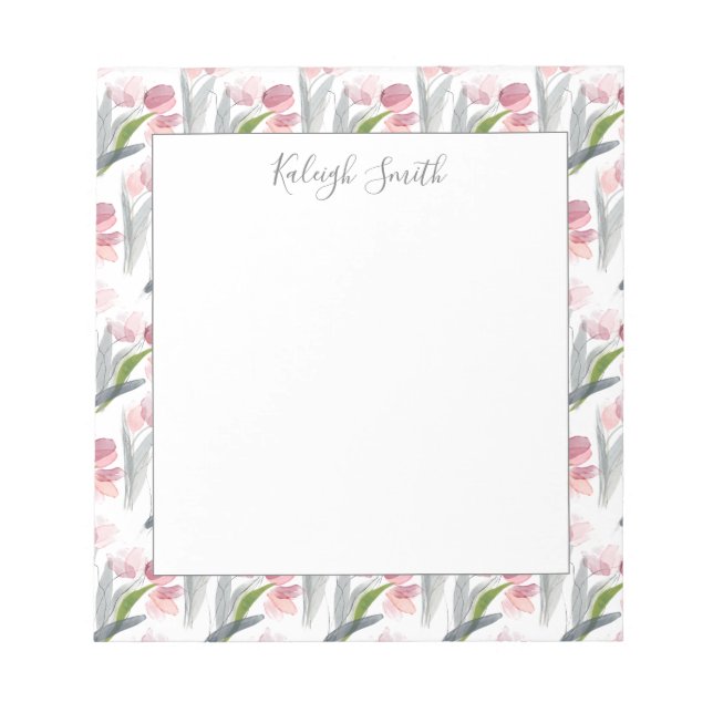 Bloco De Notas Tulipas Rosa Aguarela Flores Primavera Branco (Frente)