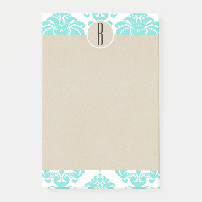 Bloco De Notas Turquesa Aqua Glam Damask Kraft Monograma Inicial (Frente)