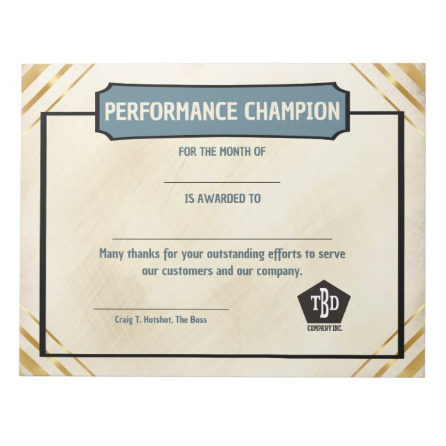 Bloco De Notas Universal employoee performance award certificates (Frente)