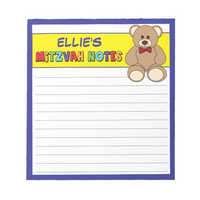Bloco De Notas Urso de Teddy Personalizado Mitzvah Amarelo (Frente)