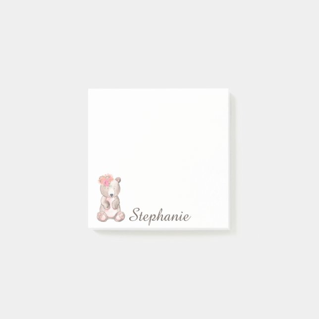 Bloco De Notas Urso Doce Personalizado Com Aquarela De Flores (Frente)