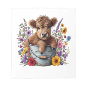 Bloco De Notas Vaca das Terras Altas em Balde de Flores Png, Fofo