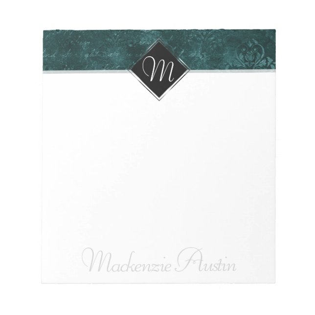 Bloco De Notas Velvety Teal Damask | Verde escuro Barroco (Frente)