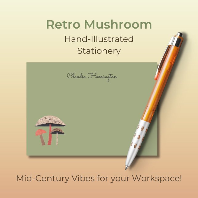 Bloco De Notas Verde-Salão do Cogumelo Ilustrado À Mão (These retro midcentury mushroom notecards are truly unique, with my own original art.)