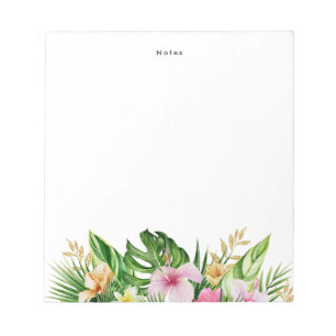 Bloco De Notas Verde tropical deixa flores cor-de-rosa laranja pe