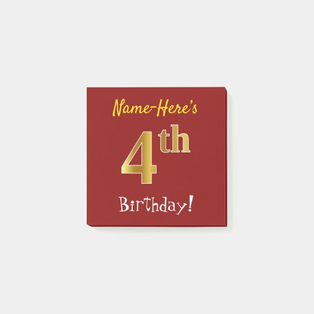 Bloco De Notas Vermelho, Faux Dourado 4º aniversário, com nome pe (Frente)