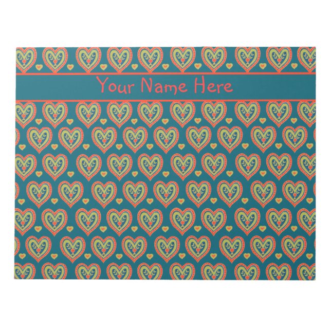 Bloco De Notas Vermelho Notepad Personalizado, Corações Verdes no (Frente)