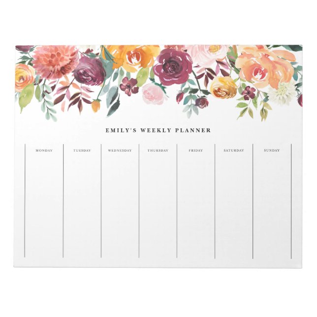 Bloco De Notas Watercolor Autumn Blooms Garland Weekly Planner (Frente)