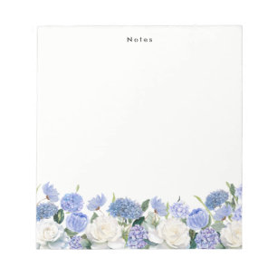 Bloco De Notas Watercolor Blue Hydrangeas White Rose Personalizad