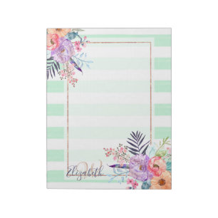 Bloco De Notas Watercolor Boho floral, folhas, listras pintadas 