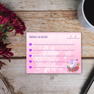 Bloco De Notas whimsical roxo e unicórnio rosa para fazer a lista