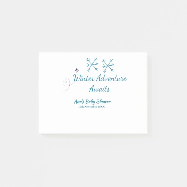 Bloco De Notas Winter Adventure awaits baby shower blue snowflake (Frente)
