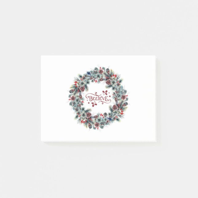 Bloco De Notas Wreath de Natal BELIEVE Typografia (Frente)