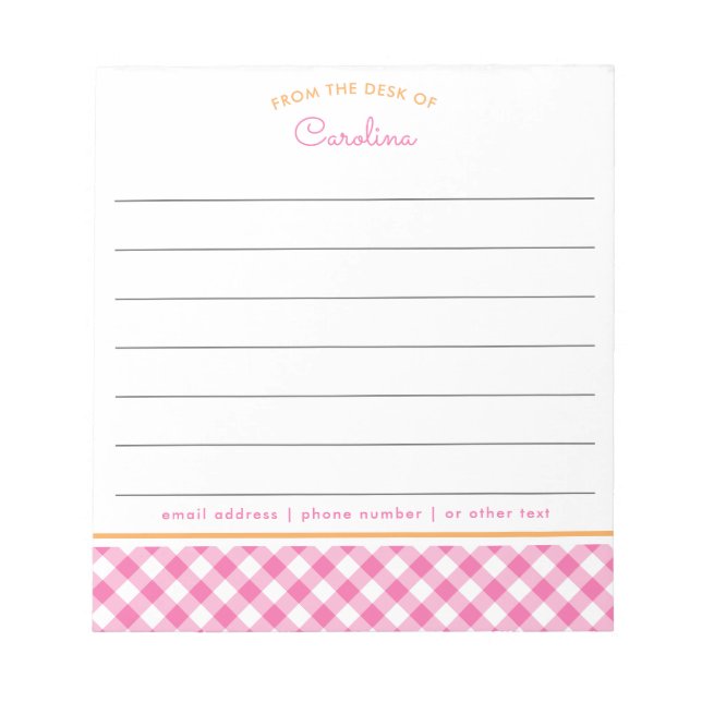 Bloco De Notas Xadrez Feminino Rosa e Laranja com Linhas (Frente)