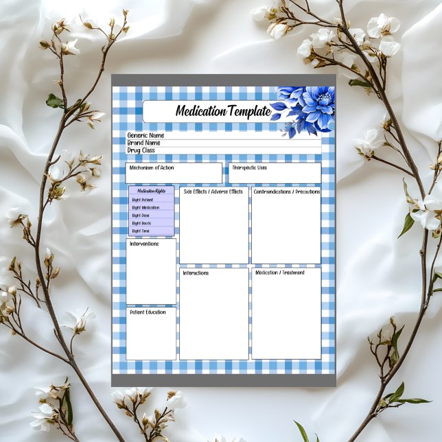 Bloco De Notas Xadrez Floral Azul _ Modelo de Medicação (Criador carregado)