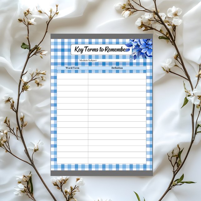 Bloco De Notas Xadrez Floral Azul _ Termos-Chave para Lembrar (Criador carregado)