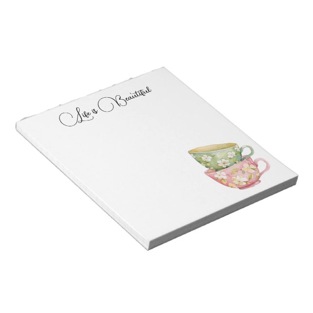 Bloco De Notas Xícaras Florais Verde Menta Rosa (Inclinado)