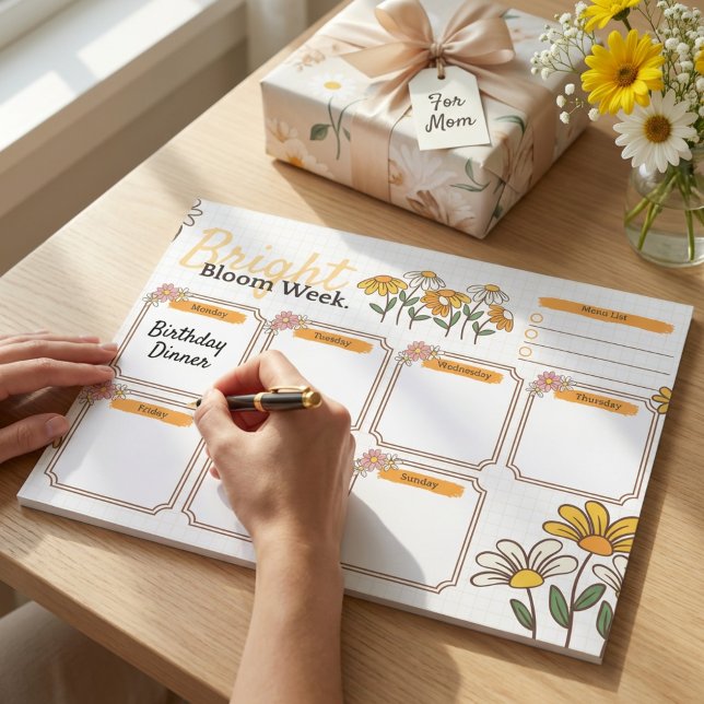 Bloco De Notas Yellow and White Playful Floral Weekly Planner  (Yellow and White Playful Floral Weekly Planner Notepad)