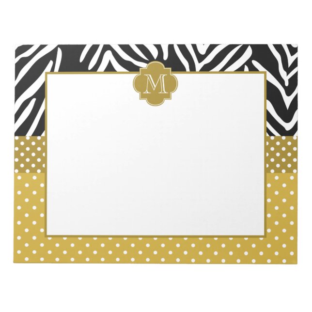 Bloco De Notas Zebra monograma com padrão de Bolinhas Dourado (Frente)