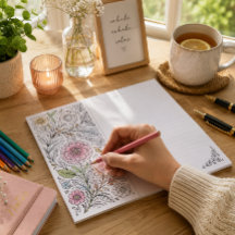 Bloco de Papel de Colorir Floral e Escrita