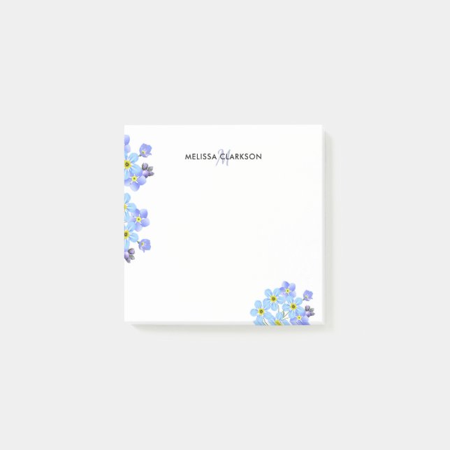 Bloco Post-it A aguarela floral esquece-me não nome do monograma (Frente)