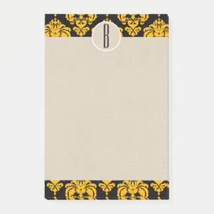 Bloco Post-it Amarelo Preto Glam Damasco Kraft Monograma Inicial