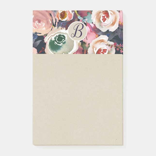 Bloco Post-it Azul Escuro e Rosa Bege Água-Forte Floral Chic (Frente)