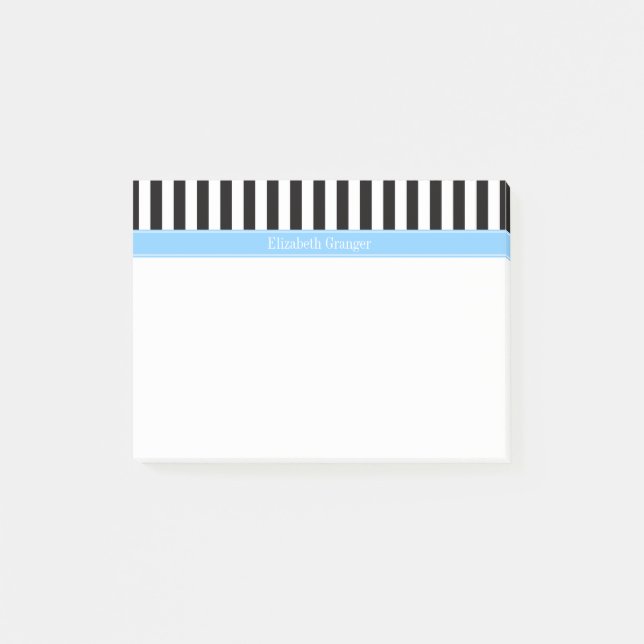 Bloco Post-it Black White Stripe Sky Blue Name Monograma (Frente)