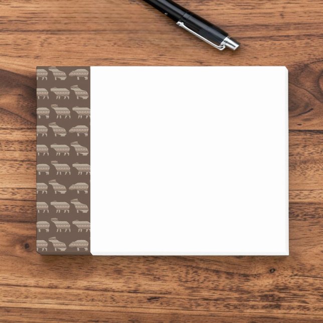 Bloco Post-it Blocos de Notas Capivara com Estampa (A notepad with a side bar border of graphic capybara silhouettes and geometric shapes in brown.)