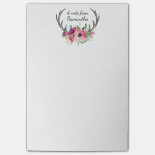 Bloco Post-it Boho Antlers Watercolor Floral com seu nome