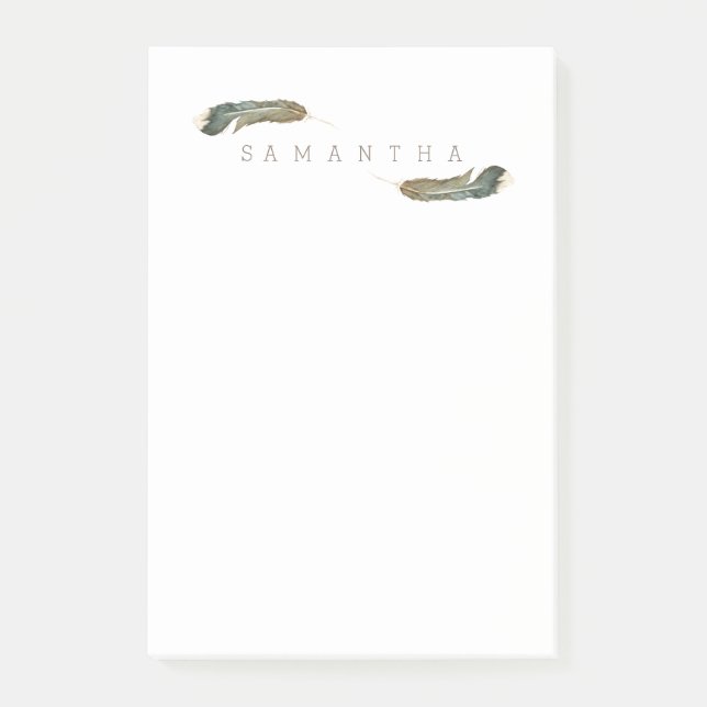 Bloco Post-it Boho Feather Watercolor | Nome personalizado (Frente)