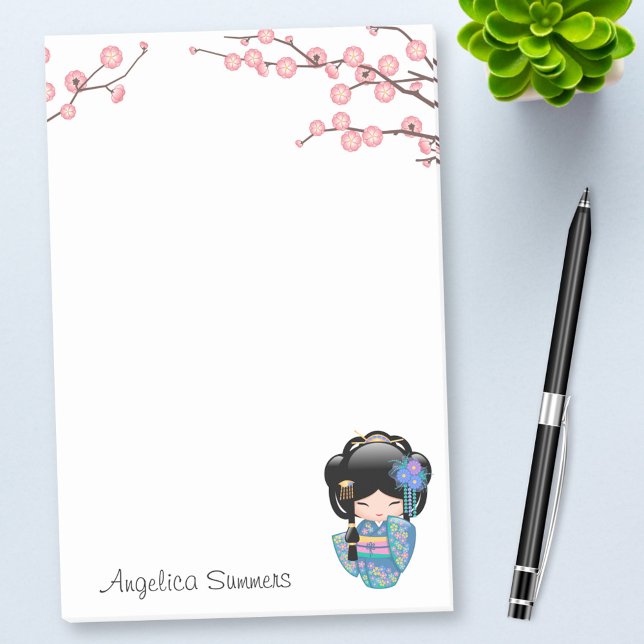 Bloco Post-it Boneca Keiko Kokeshi - Rapariga Kimono Geisha Azul (Criador carregado)