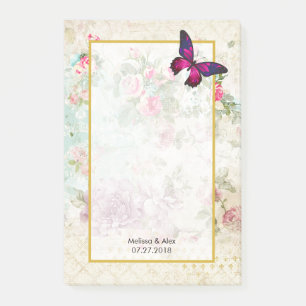 Bloco Post-it Casamento de Rosas de Borboleta Rosa e Shabby Vint