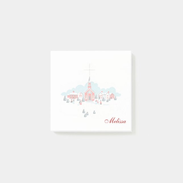 Bloco Post-it Cena de inverno com Igreja Vermelha e Estrela de N (Frente)